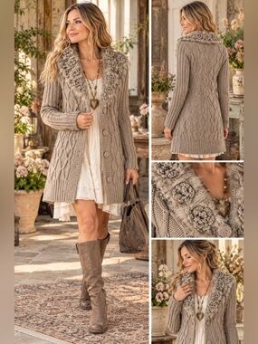 Vintage Emma G Taupe Cable Knit Faux Fur Rosette Long Cardigan Coat Size Medium